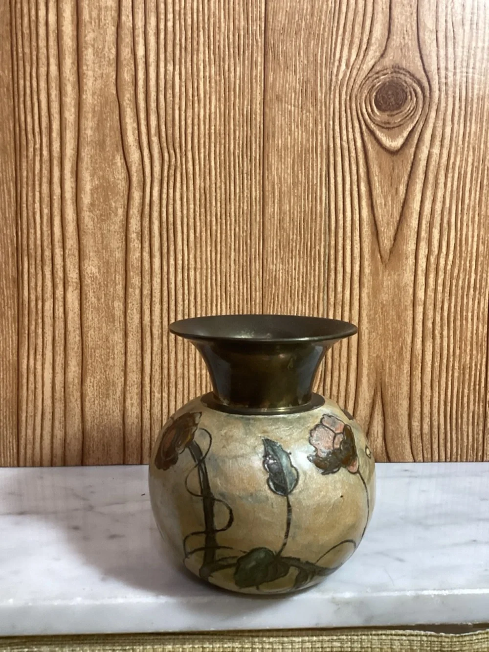 Vintage Cloisonné and Brass Art Deco Vase 4.25”
